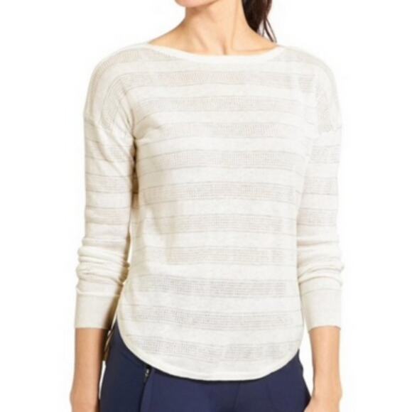 Athleta Mix It Up Sweater Athletic Cotton Linen Top Striped Ivory Size Small - Picture 1 of 8